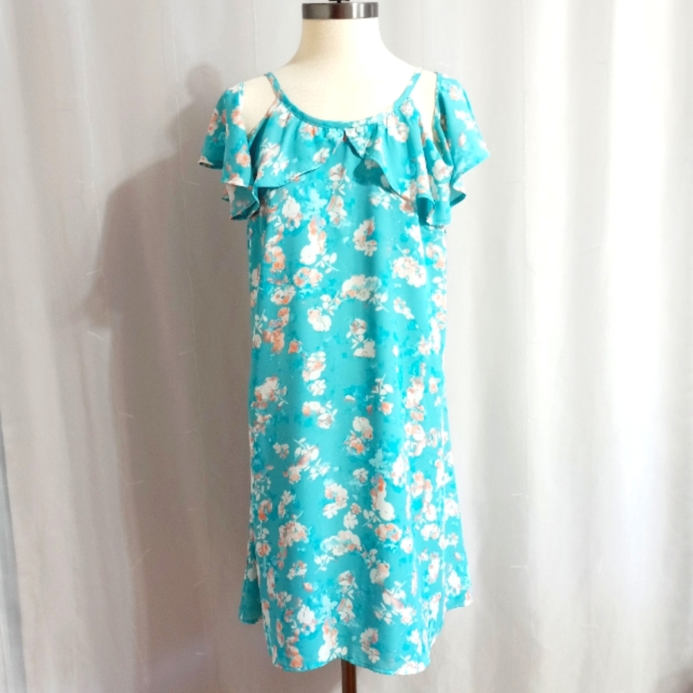 Decree - Turquoise Floral Off Shoulder Chiffon Midi Dress